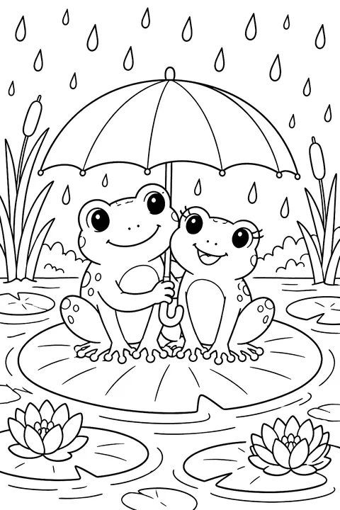 Frog Friends in the Rain coloring page