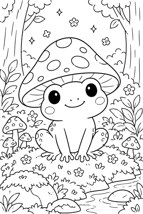 Frog in a Mushroom Hat coloring page
