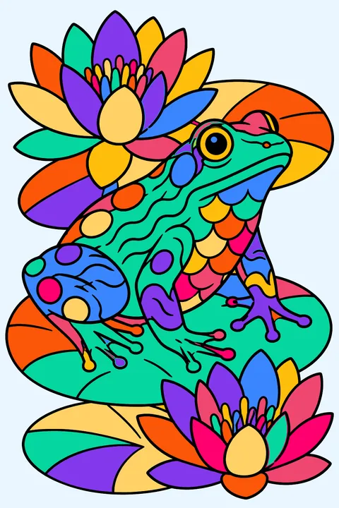 Patterned Frog Among Water Lilies coloring page