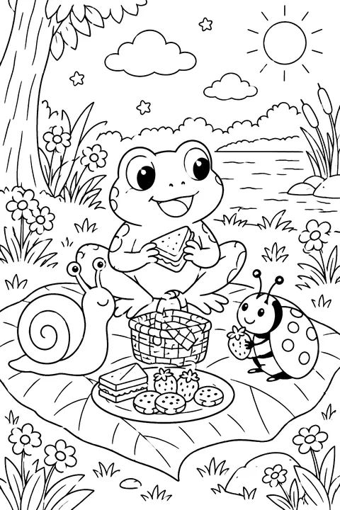 Frog Picnic coloring page