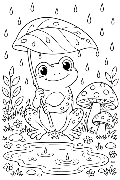 Frog With a Leaf Umbrella coloring page