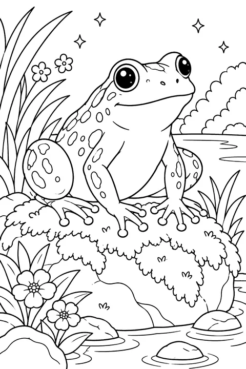 Frog on a Mossy Rock coloring page