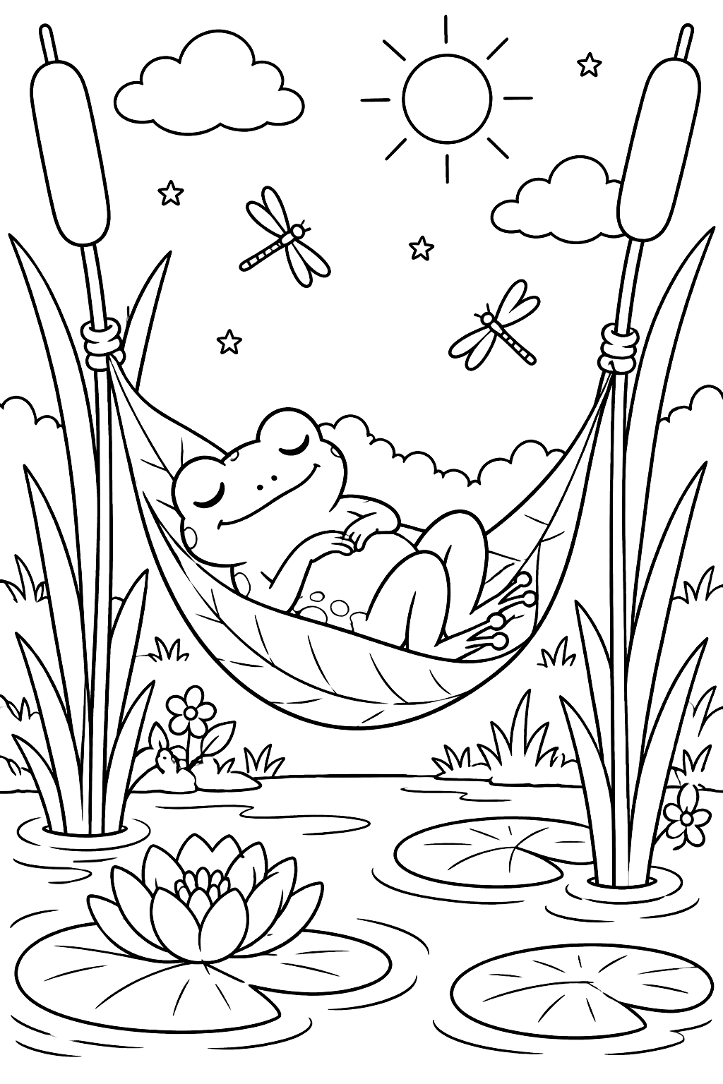 Frog in a Leaf Hammock coloring page