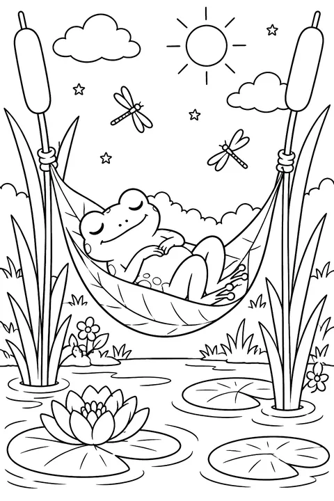 Frog in a Leaf Hammock coloring page