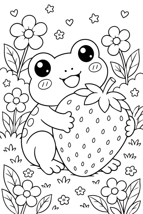 Frog Hugging a Strawberry coloring page
