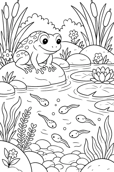 Frog and Tadpoles coloring page