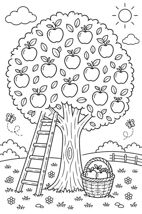 an apple tree with a round leafy crown full of apples, a ladder and a basket coloring page