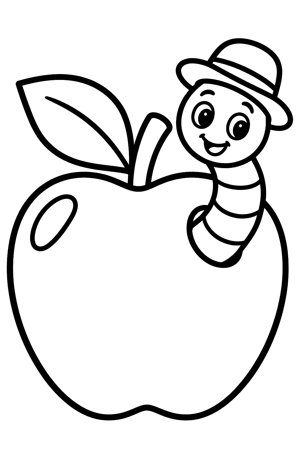 an apple with a friendly worm and a hat coloring page