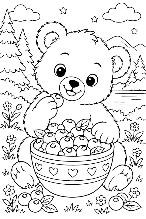 a bowl of blueberries with a bear cub coloring page