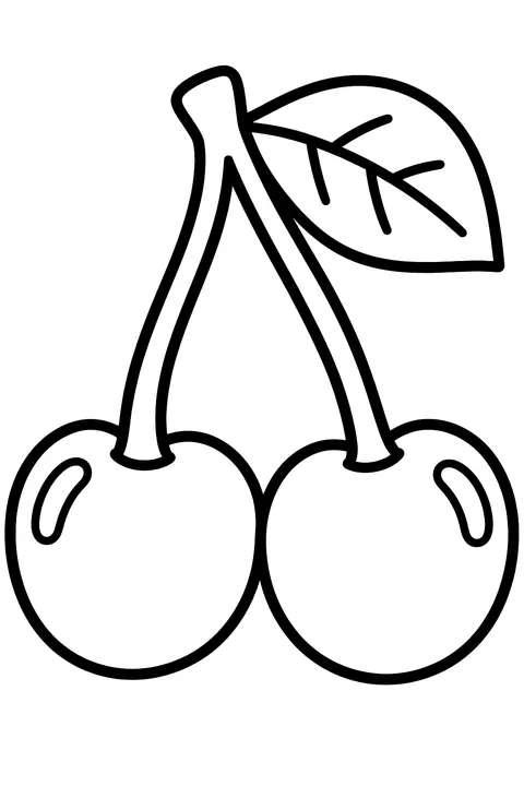 a pair of cherries with a leaf coloring page
