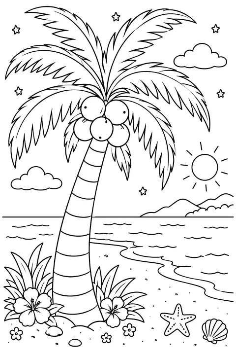 a coconut palm with coconuts on a beach coloring page