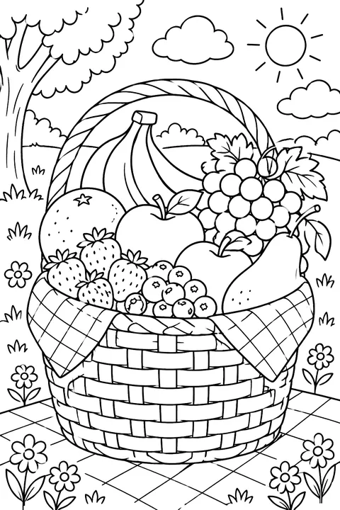 a picnic basket overflowing with fruit coloring page