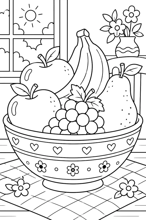 a bowl of mixed fruit with apples, bananas, grapes and a pear coloring page