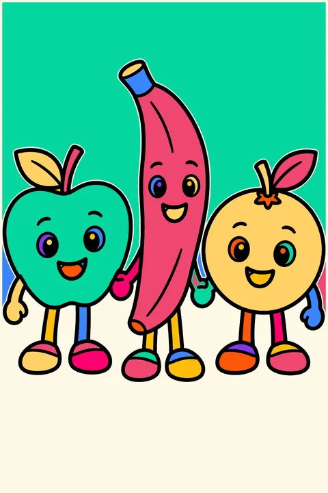 apple, banana and orange with happy faces holding hands coloring page