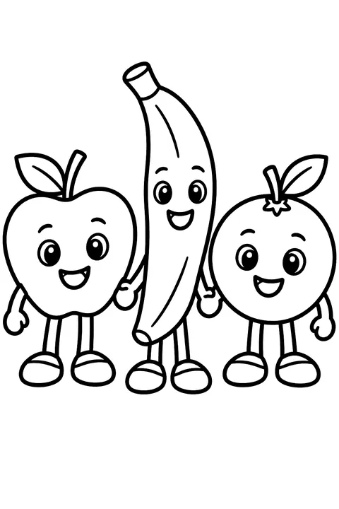 apple, banana and orange with happy faces holding hands coloring page