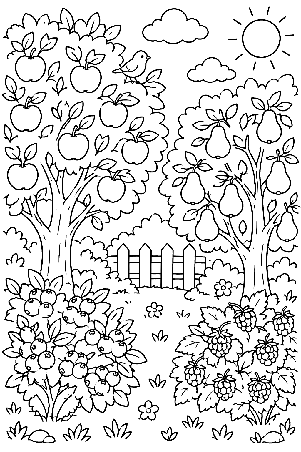 a fruit garden with two fruit trees and berry bushes coloring page