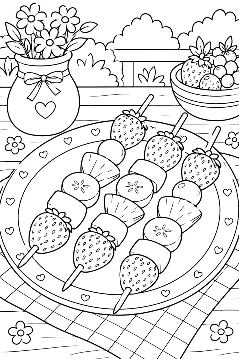 fruit skewers on a plate coloring page