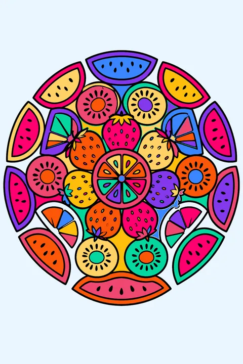a circular mandala of fruit slices coloring page