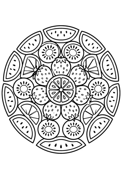a circular mandala of fruit slices coloring page