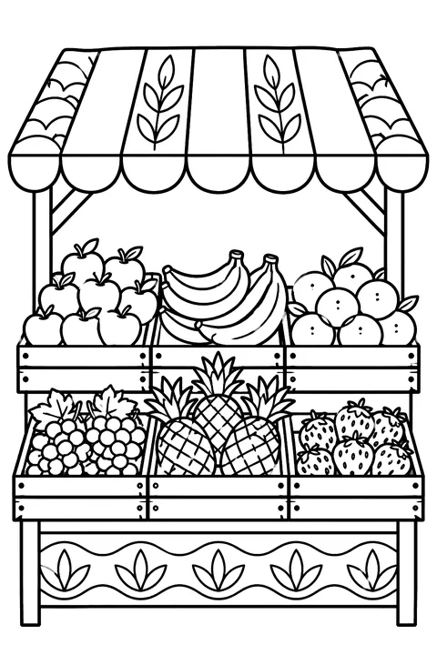 a fruit market stall with crates of fruit and an awning coloring page