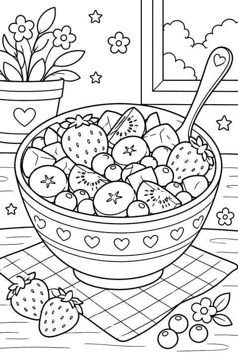 a fruit salad bowl with a spoon coloring page