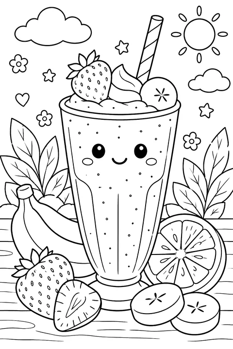 a smoothie glass with fruit slices around it coloring page