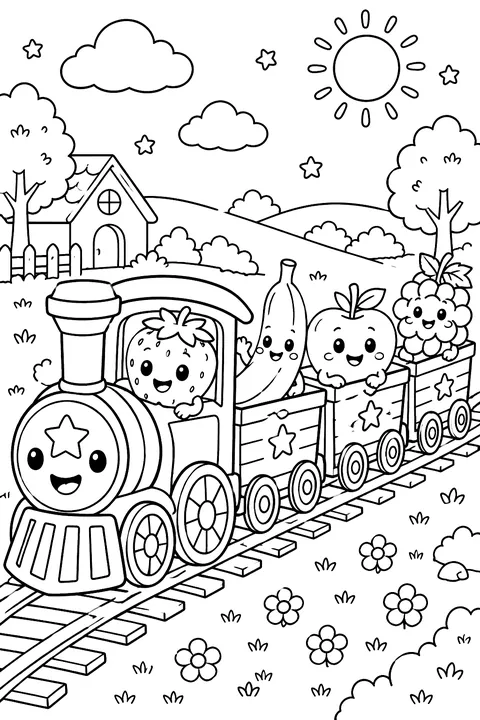 a toy train with fruit as passengers coloring page
