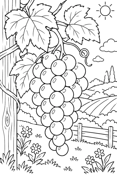 grapes hanging from a vine with leaves coloring page