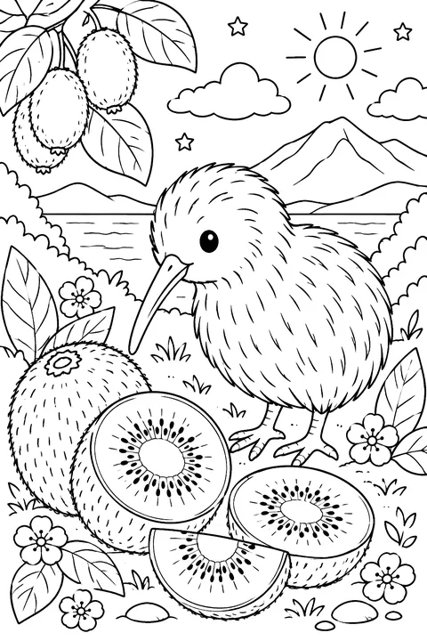kiwi fruits and slices with a kiwi bird coloring page