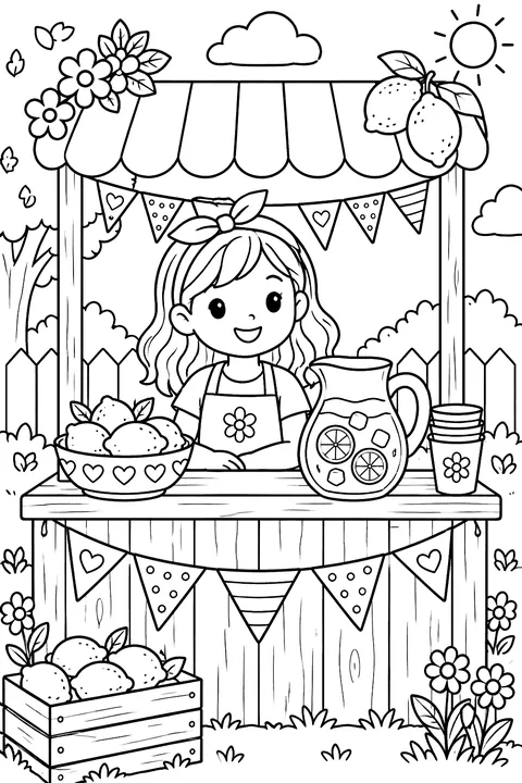 a lemonade stand with lemons and a pitcher coloring page