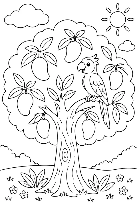 a mango tree with a parrot coloring page