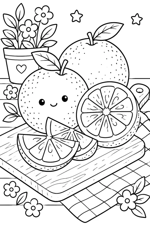 oranges and orange slices on a cutting board coloring page