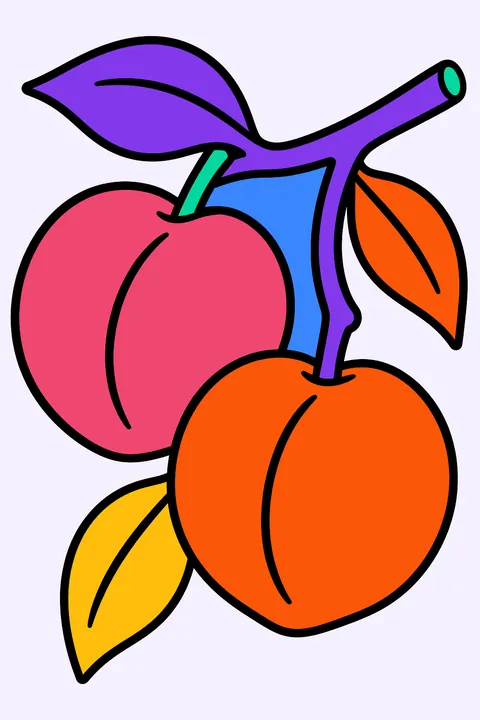 two peaches on a branch with leaves coloring page
