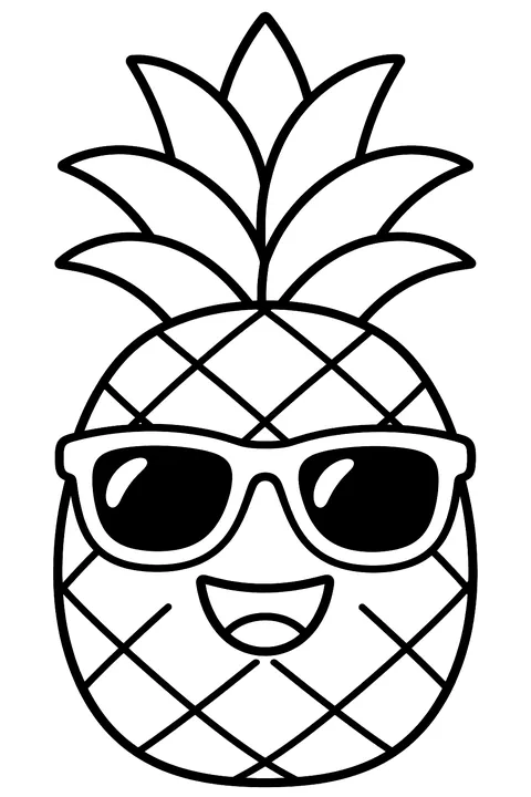 a pineapple with a crown of leaves and sunglasses coloring page