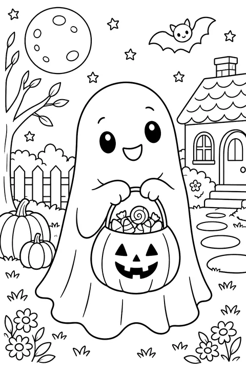 Cute ghost holding a candy bucket coloring page