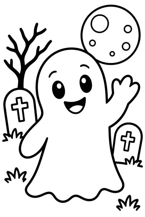 Friendly ghost waving in a graveyard with a full moon coloring page