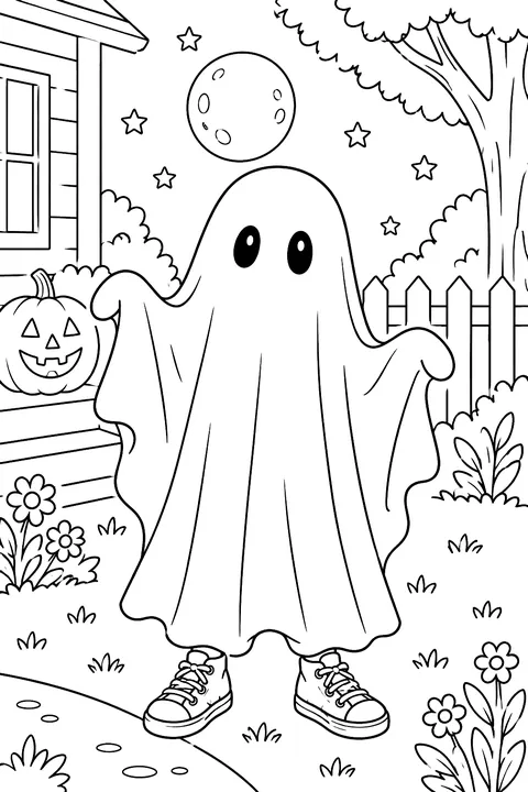 Ghost in a bedsheet costume with sneakers coloring page