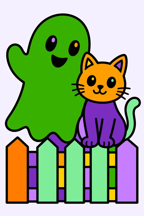Ghost and a black cat on a fence coloring page