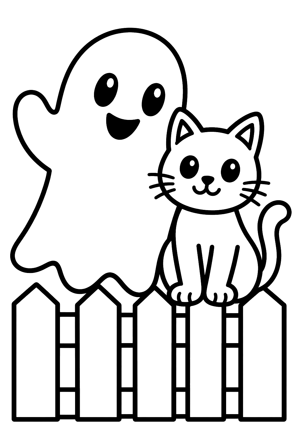 Ghost and a black cat on a fence coloring page