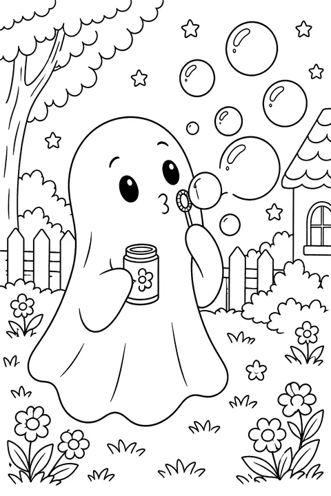 Ghost blowing bubbles coloring page
