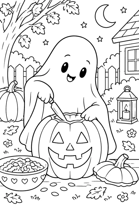 Ghost carving a jack-o-lantern coloring page