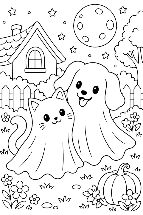 Ghost cat and ghost dog friends coloring page