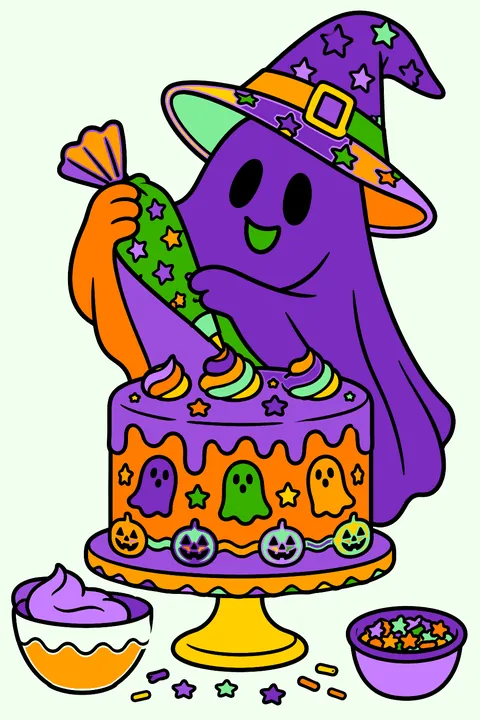 Ghost decorating a spooky cake coloring page