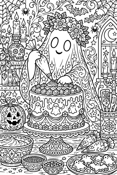 Ghost decorating a spooky cake coloring page