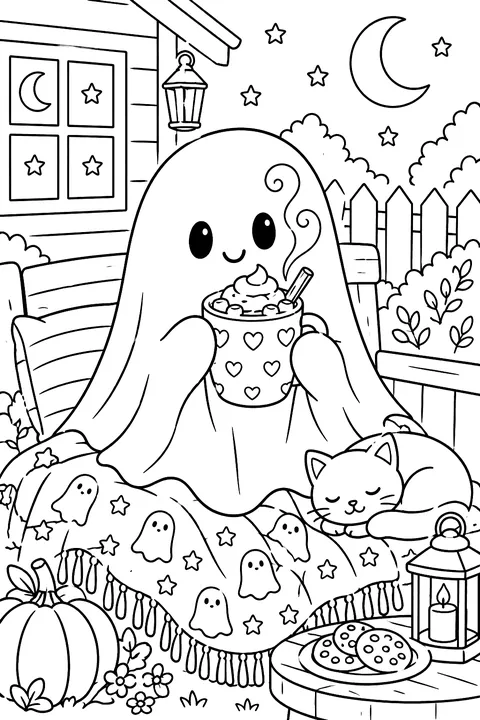 Ghost drinking hot cocoa coloring page