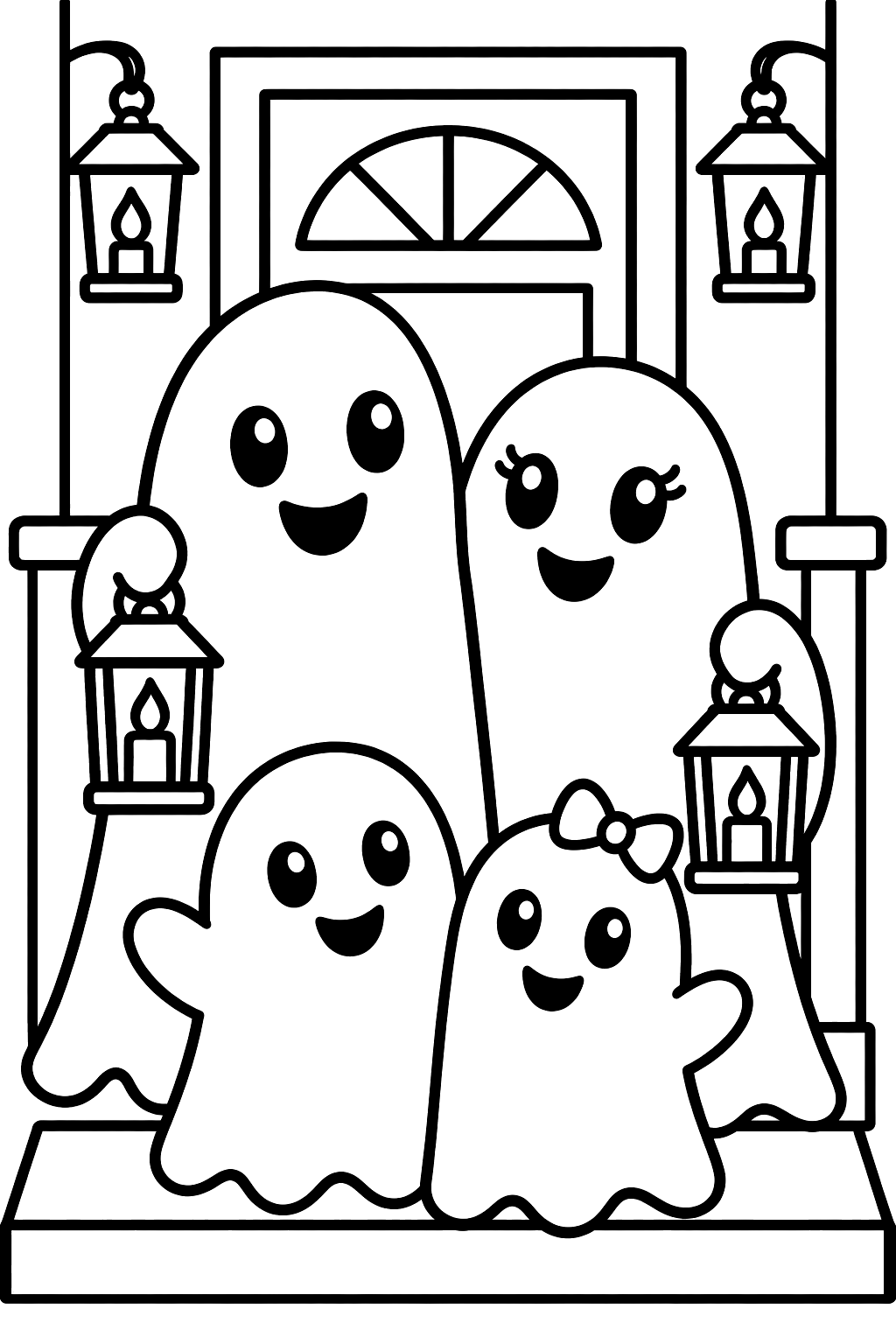 Ghost family on a porch with lanterns coloring page