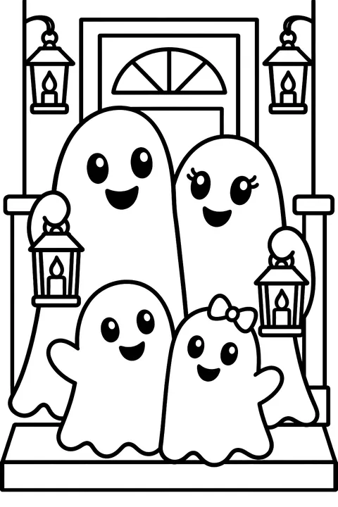 Ghost family on a porch with lanterns coloring page