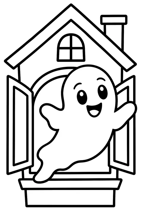 Ghost floating out of a haunted house window coloring page