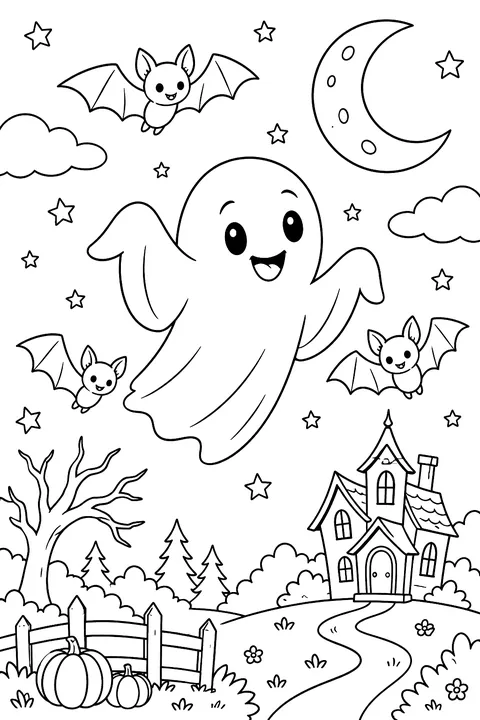 Ghost flying with bats under a crescent moon coloring page