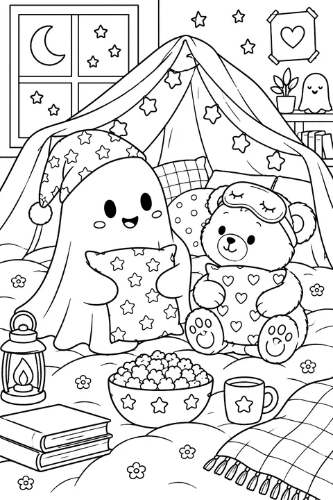 Ghost having a sleepover with a teddy bear coloring page